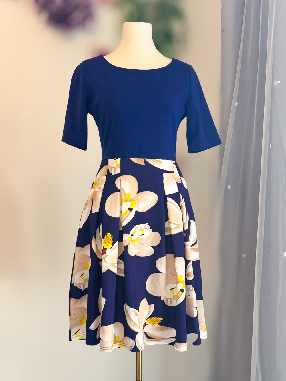 Navy Floral Fit-and-Flare Dress